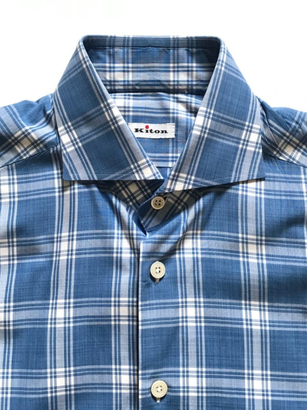 KITON Button Down Sport Shirt Mens 40 16 Blue White Check Long Sleeve Cotton